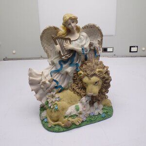 Lion Lamb Peace Love Flower Angel Playing Harp Music Box Musical Figure